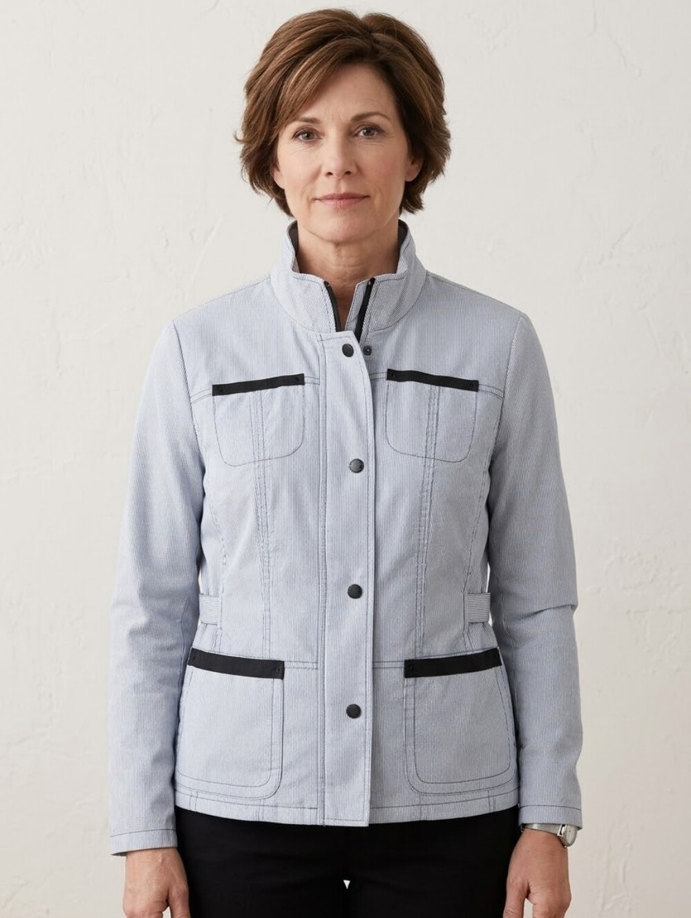 ALIA Petites Striped Utility Jacket Snap Trim Pockets Lightweight